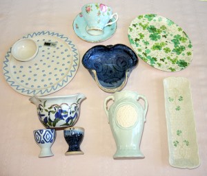 Polka dot plate upper left from artisan in town for show, blue bowl in center from Kilkenny Shop